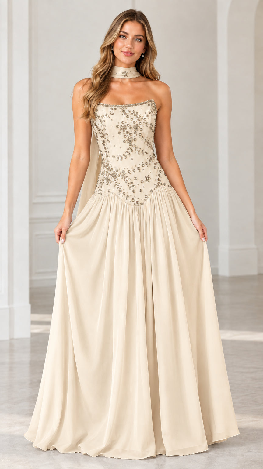 Champagne cream strapless beaded evening dress with neck scarf