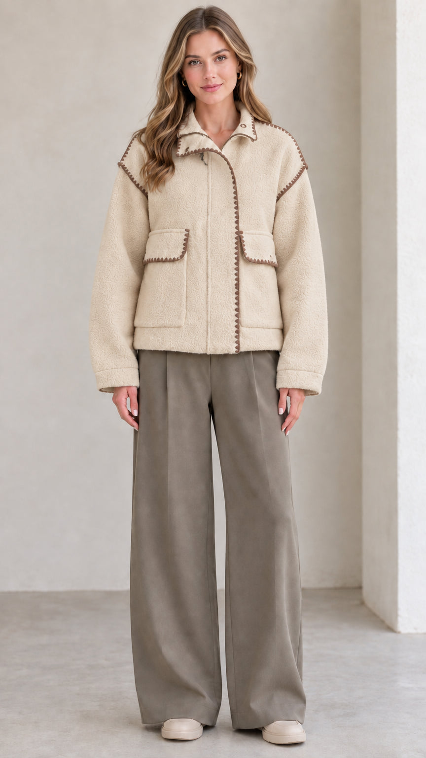 Model wearing beige oatmeal fleece jacket with brown blanket stitch details