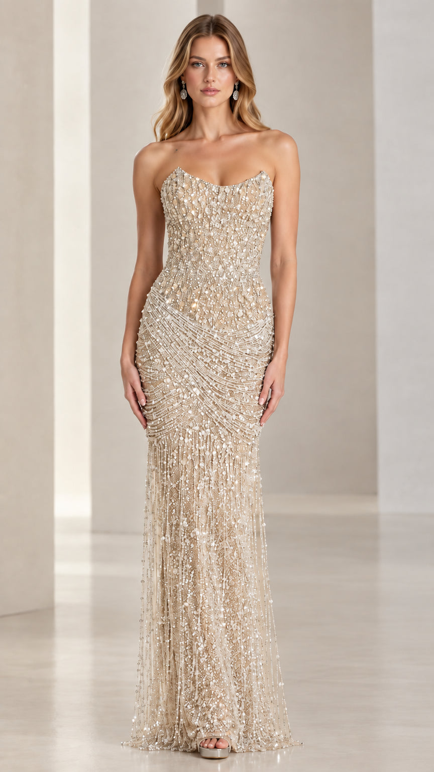 Strapless beaded sequin column evening gown in champagne