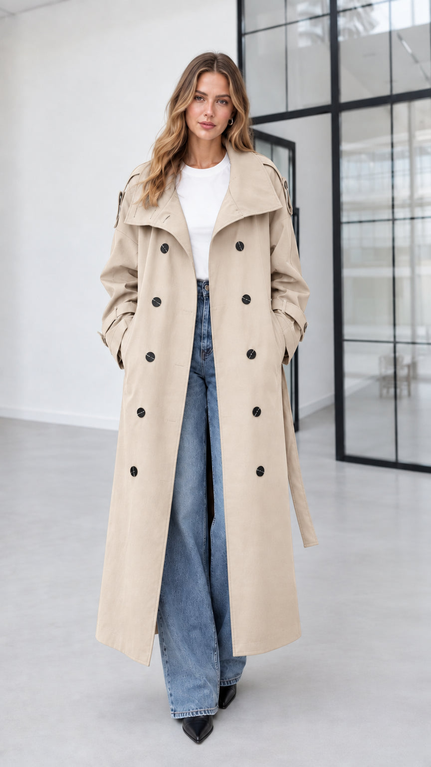 Full-length view of model wearing beige cream double-breasted long trench coat