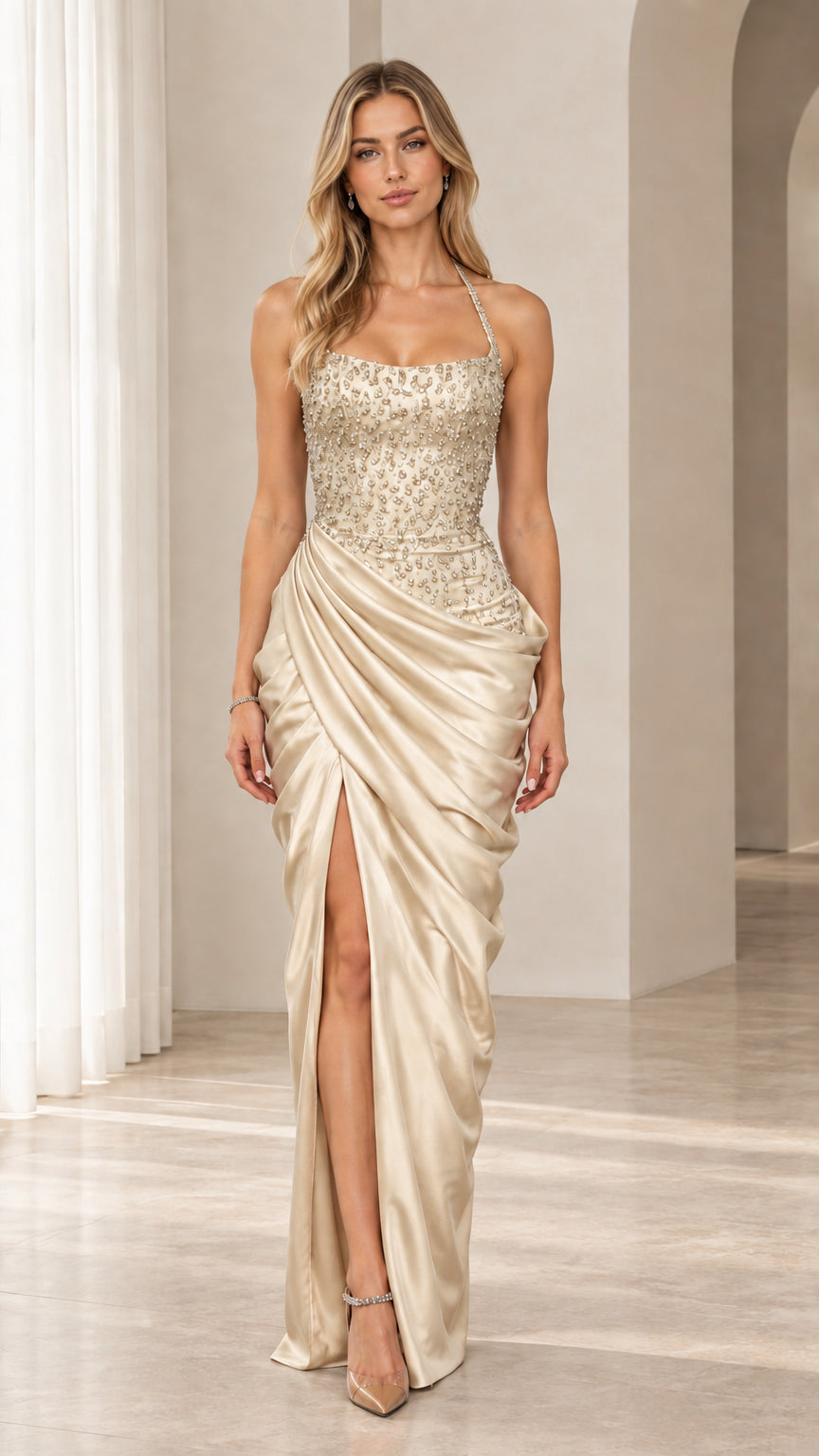 Front view of champagne gold beaded bodice draped satin evening maxi dress