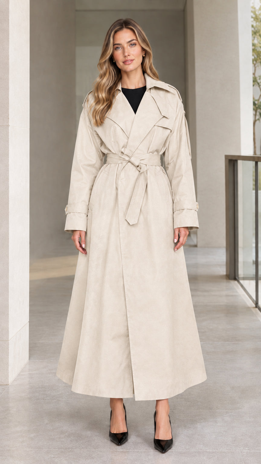 Front view of model wearing Beige khaki full-length belted maxi trench coat