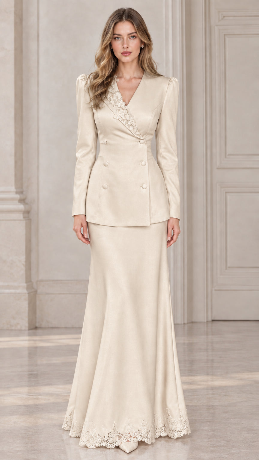 Front view of model wearing champagne beige lace-embellished formal evening suit