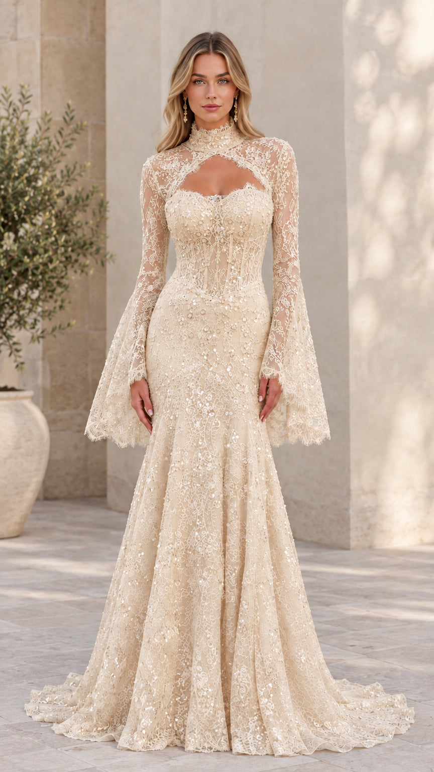 Front view of model wearing champagne ivory lace mermaid gown with sheer flare sleeves