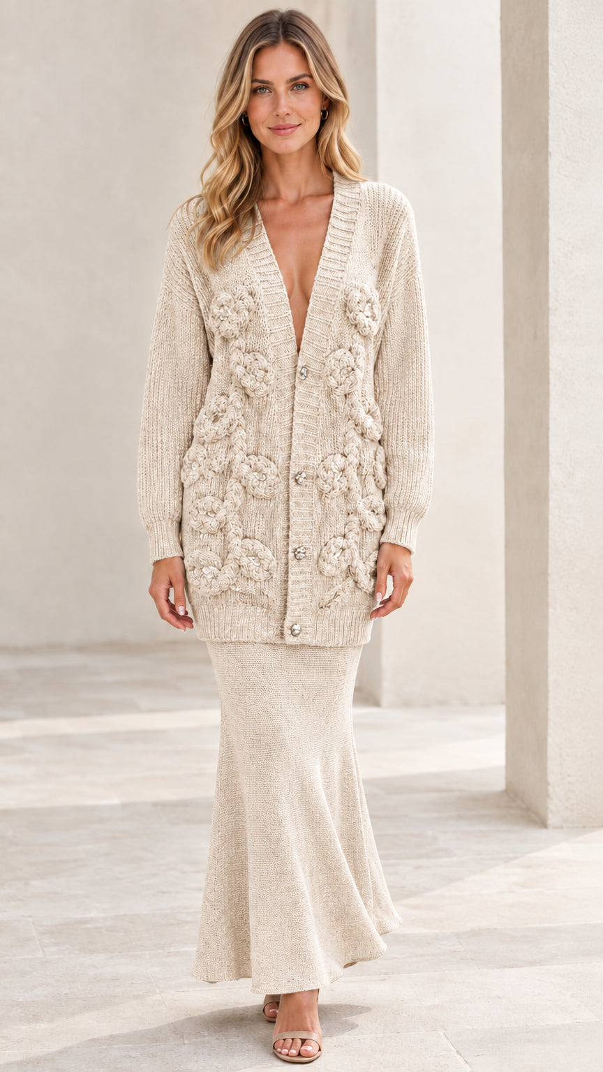 Beige cream 3D floral appliqué knit cardigan and matching maxi skirt set