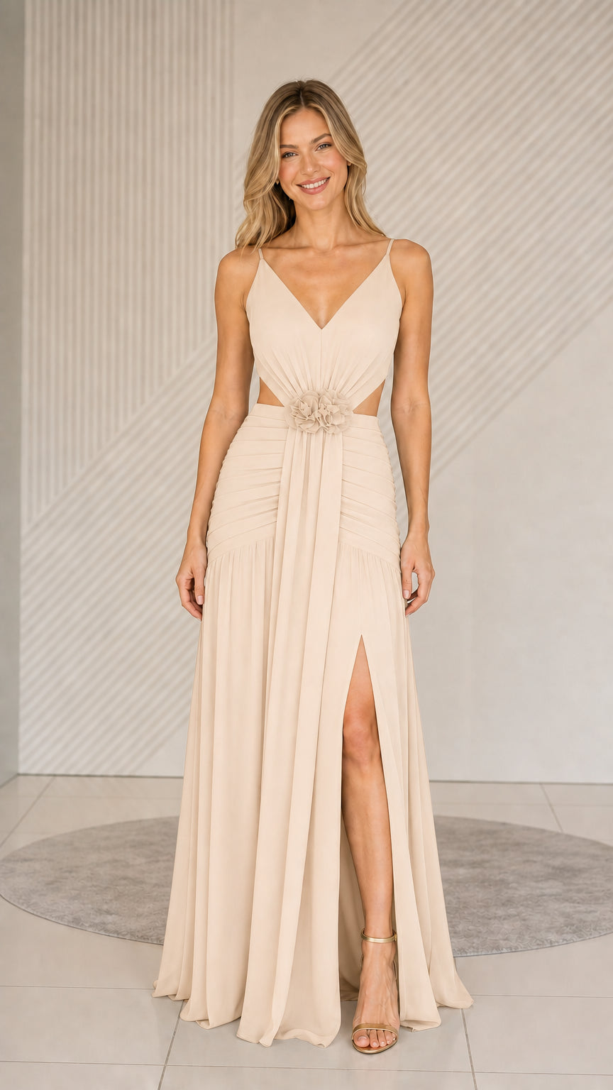 Champagne formal cutout maxi dress front view