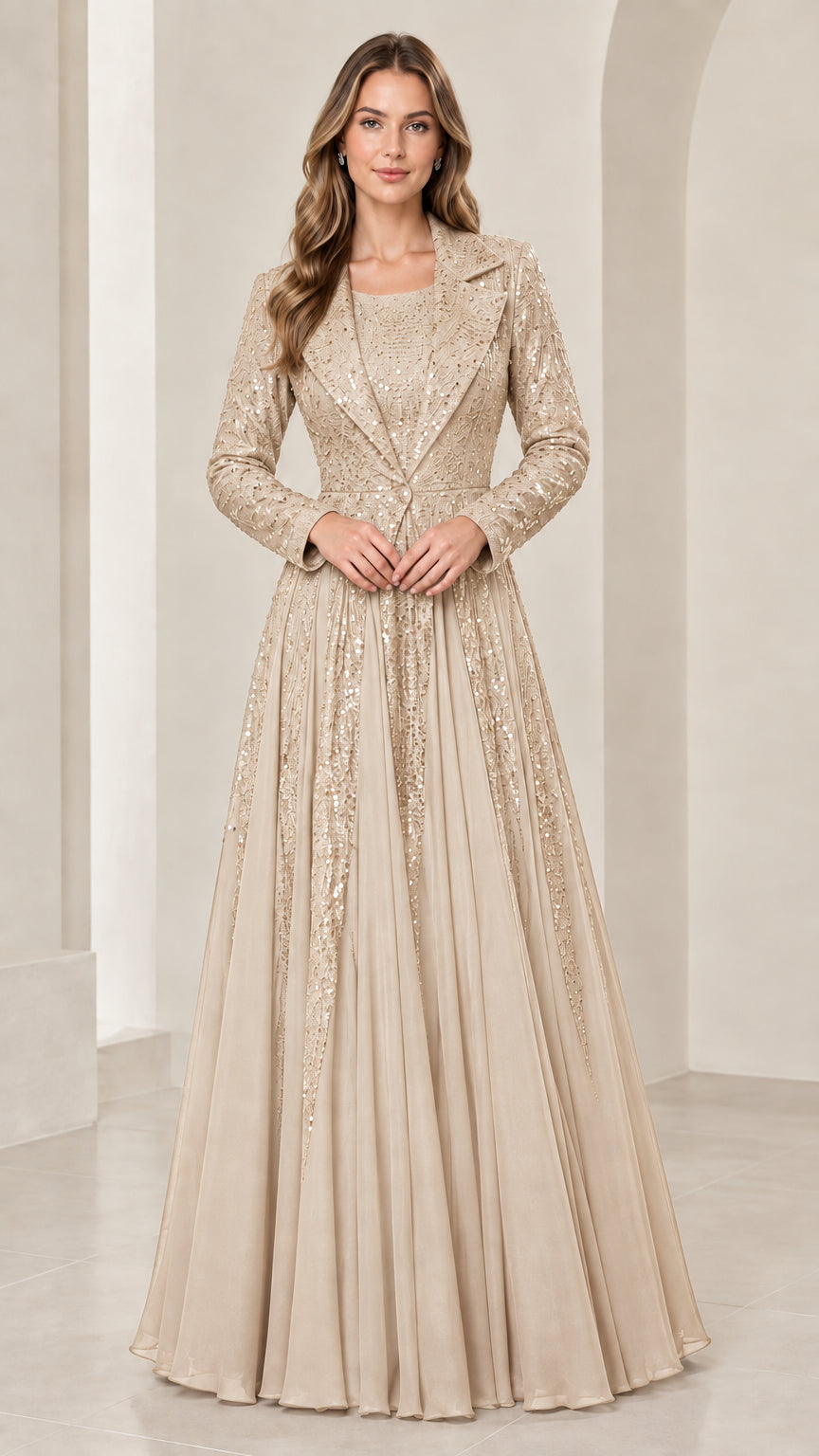 Champagne gold sequin formal evening dress set with jacket