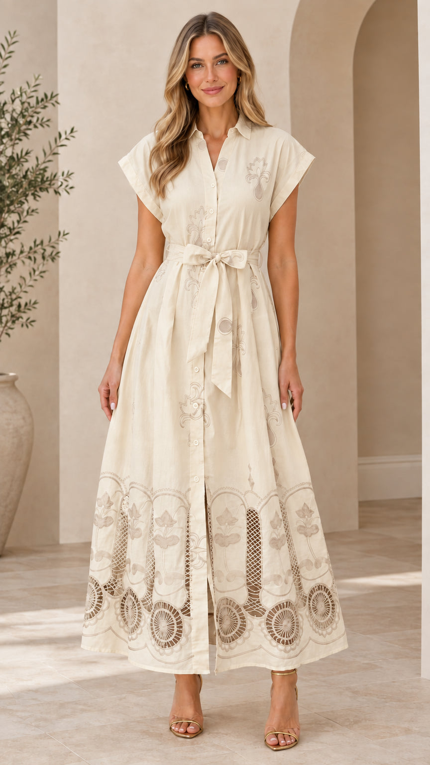 Front view of cream off-white embroidered button-down maxi shirt dress
