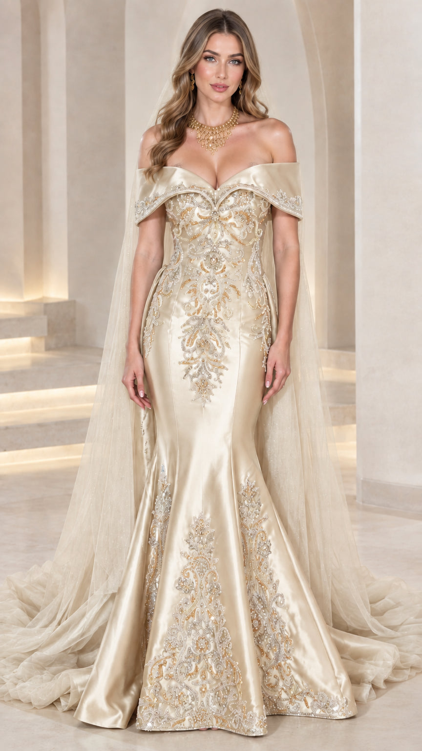 Champagne gold mermaid evening gown with sheer cape and detailed embroidery