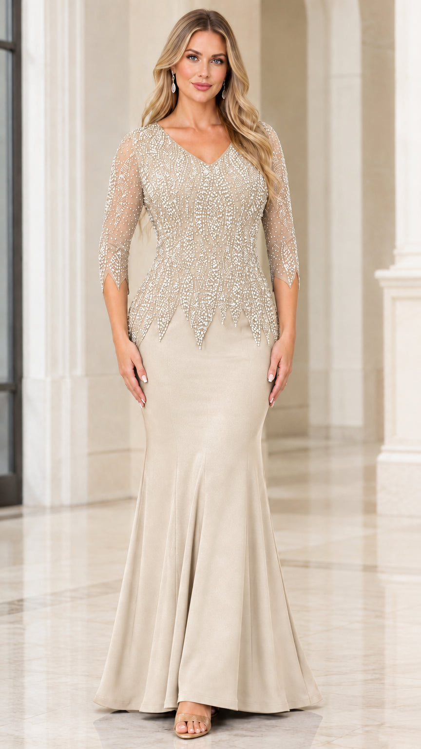 Woman wearing champagne beige embellished V-neck formal evening gown