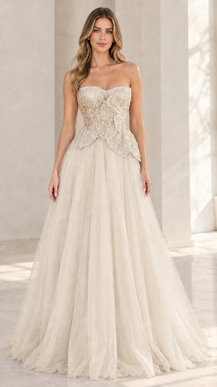 Model wearing champagne ivory strapless beaded tulle ball gown