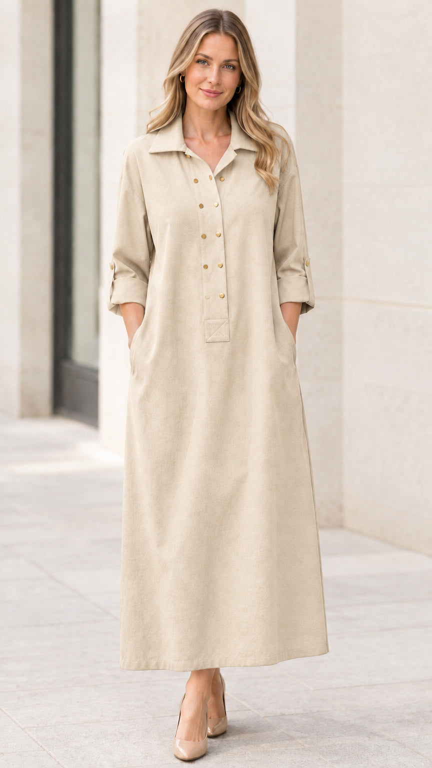 Full front view of women's beige collared button-front maxi shirt dress