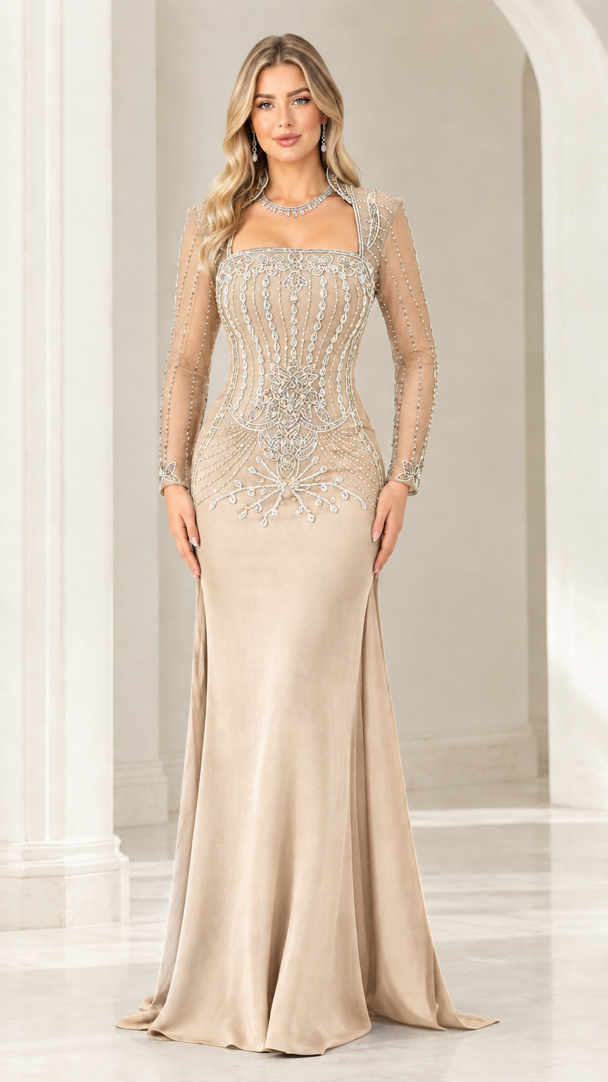 Front full-length view of champagne beige long sleeve embellished mermaid dress