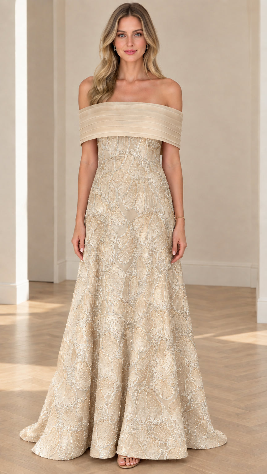 Champagne gold off-the-shoulder embellished evening gown front view