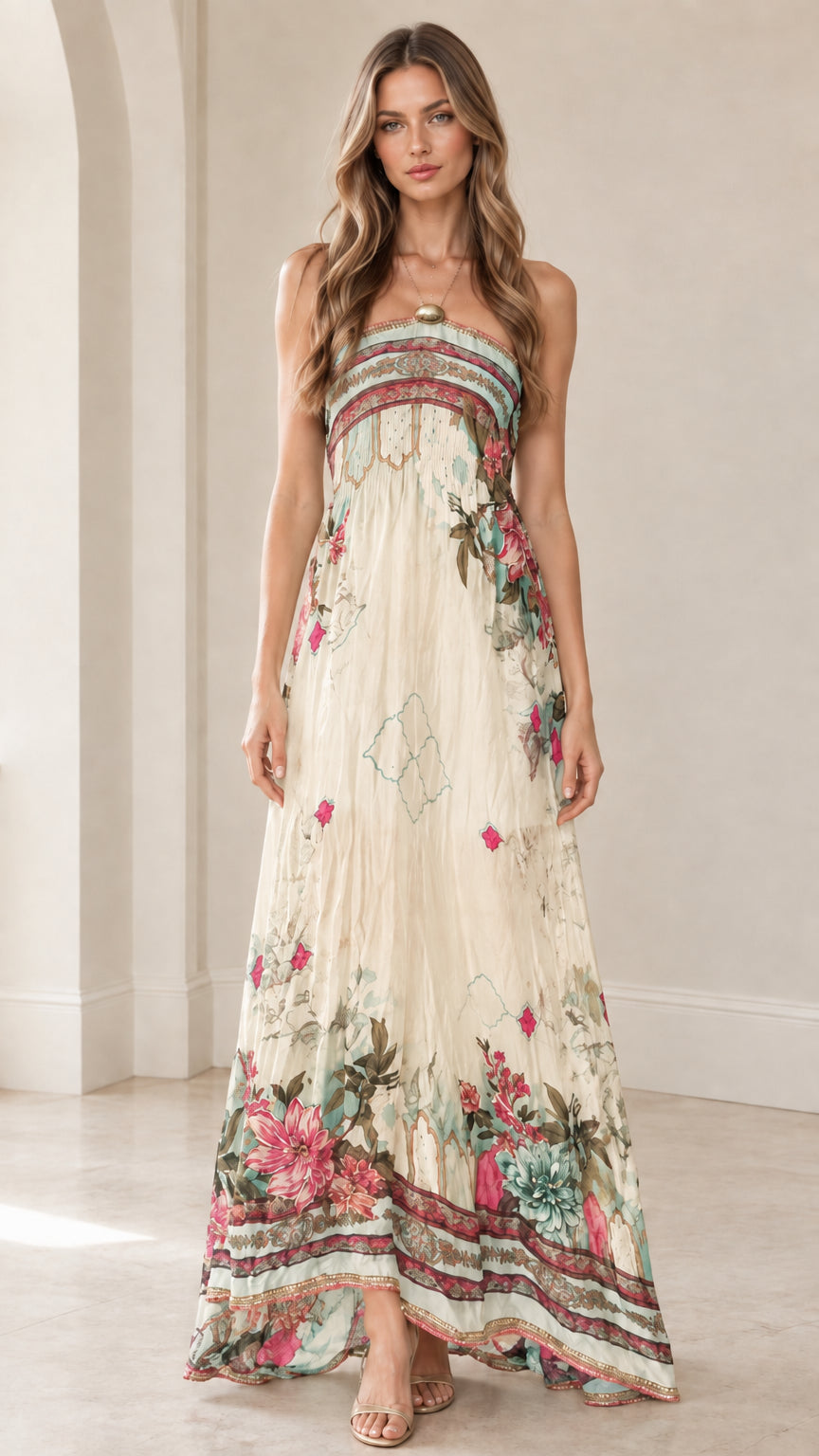 Front view of woman wearing ivory strapless floral border maxi dress