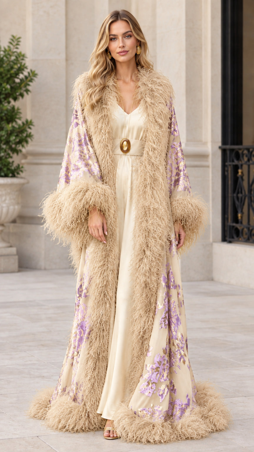 Champagne beige floral jacquard maxi duster robe with fluffy trim