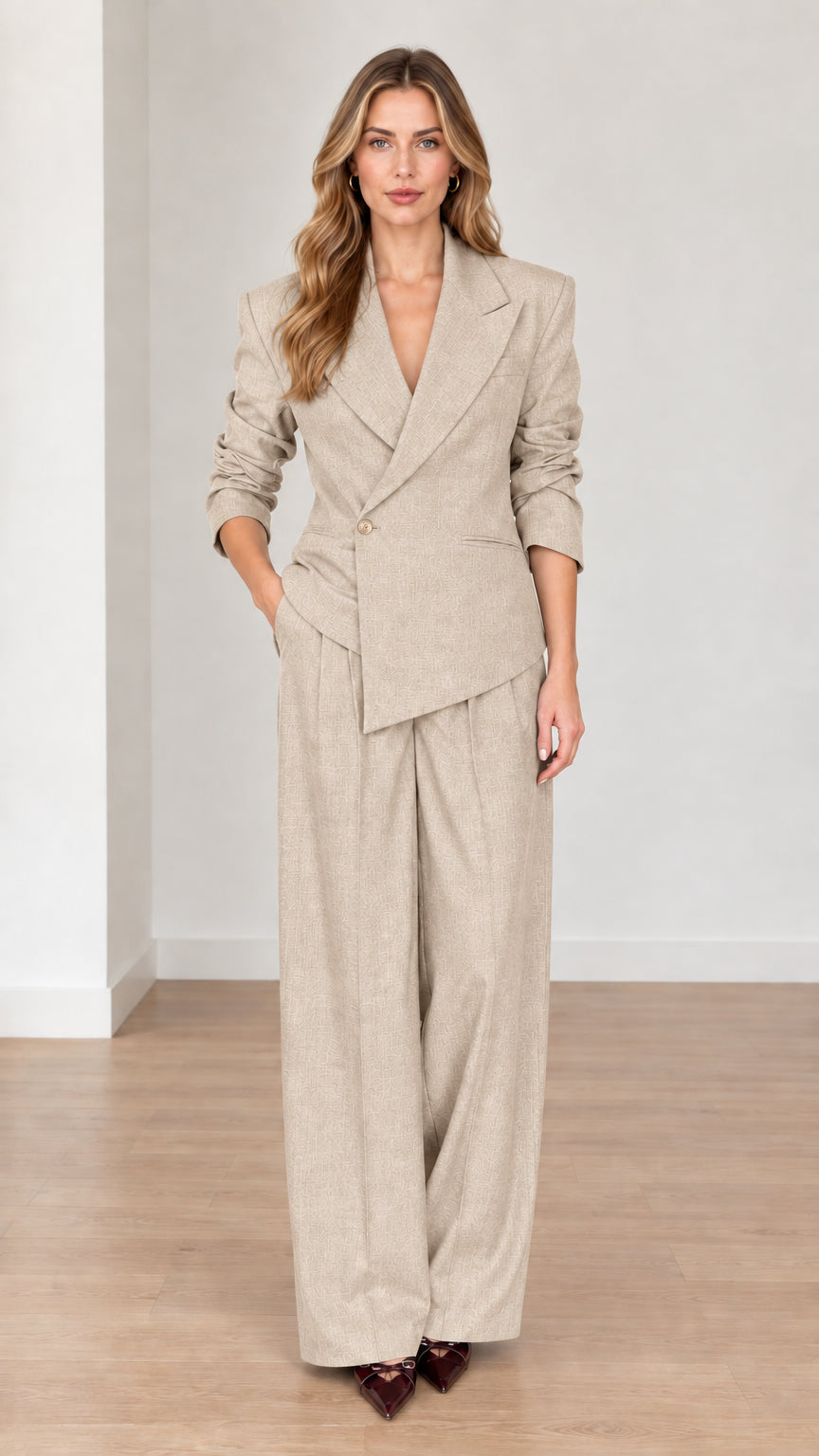 Full front view of woman wearing Beige neutral tailored wide-leg pant suit set