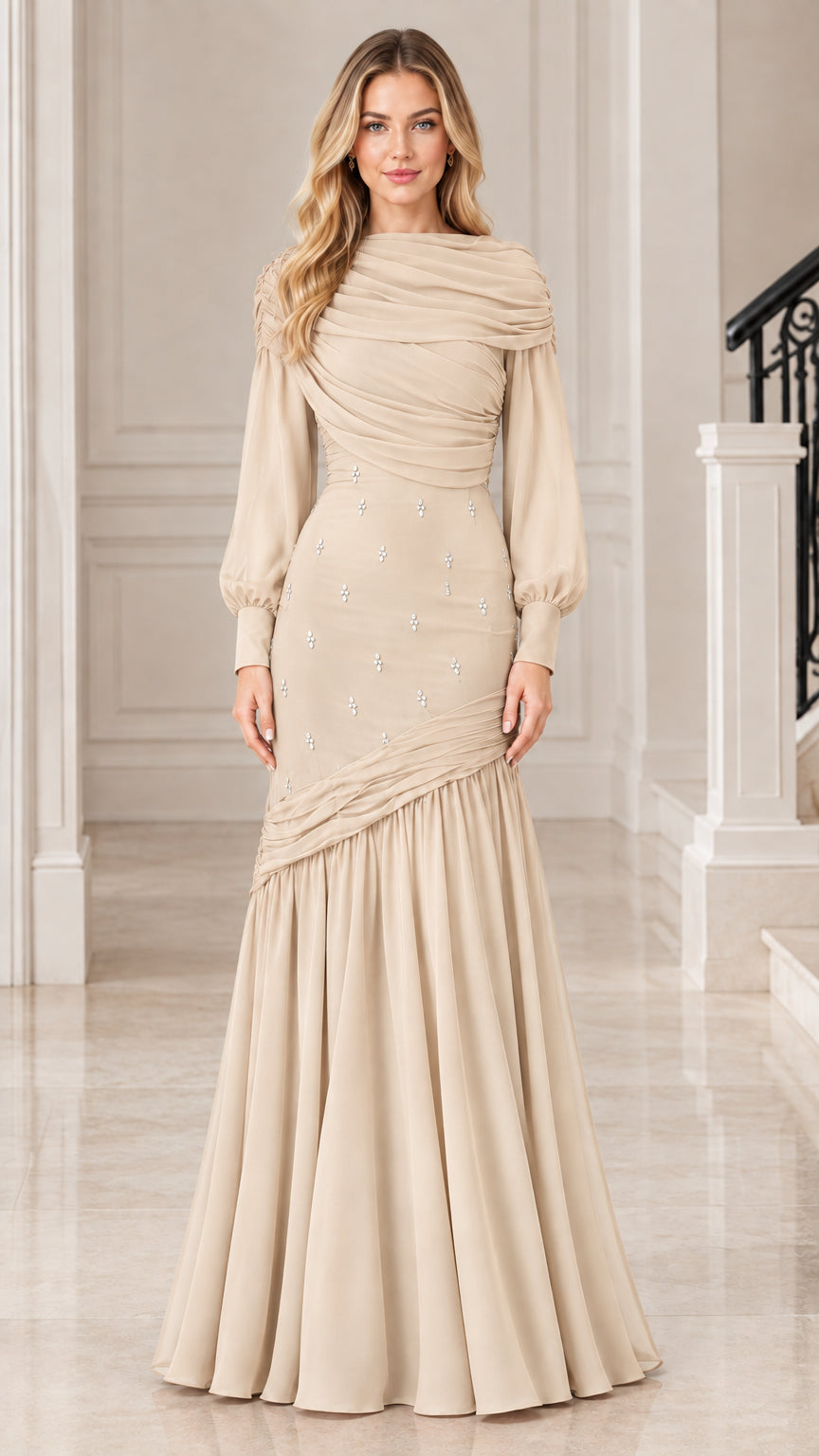 Model wearing Champagne beige long sleeve formal maxi dress with rhinestone detailing