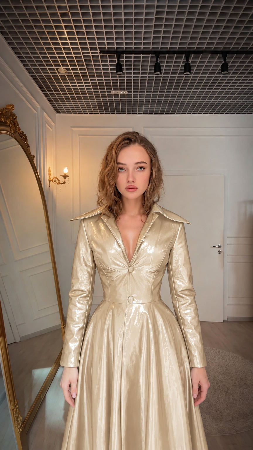 Model wearing champagne metallic glossy maxi coat dress