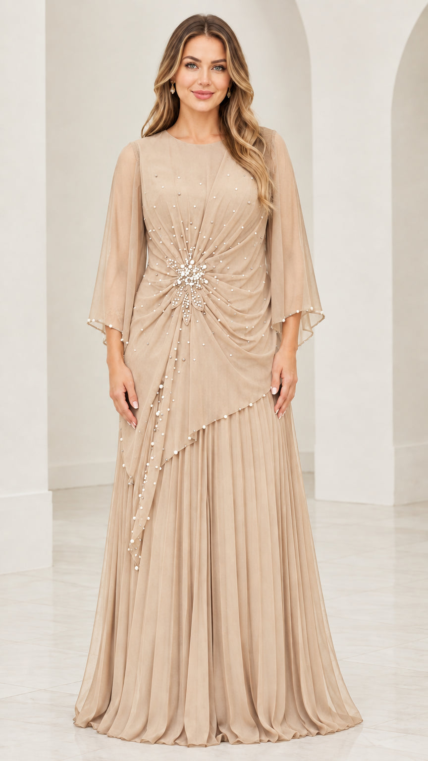 Front view of champagne beige beaded A-line pleated evening dress