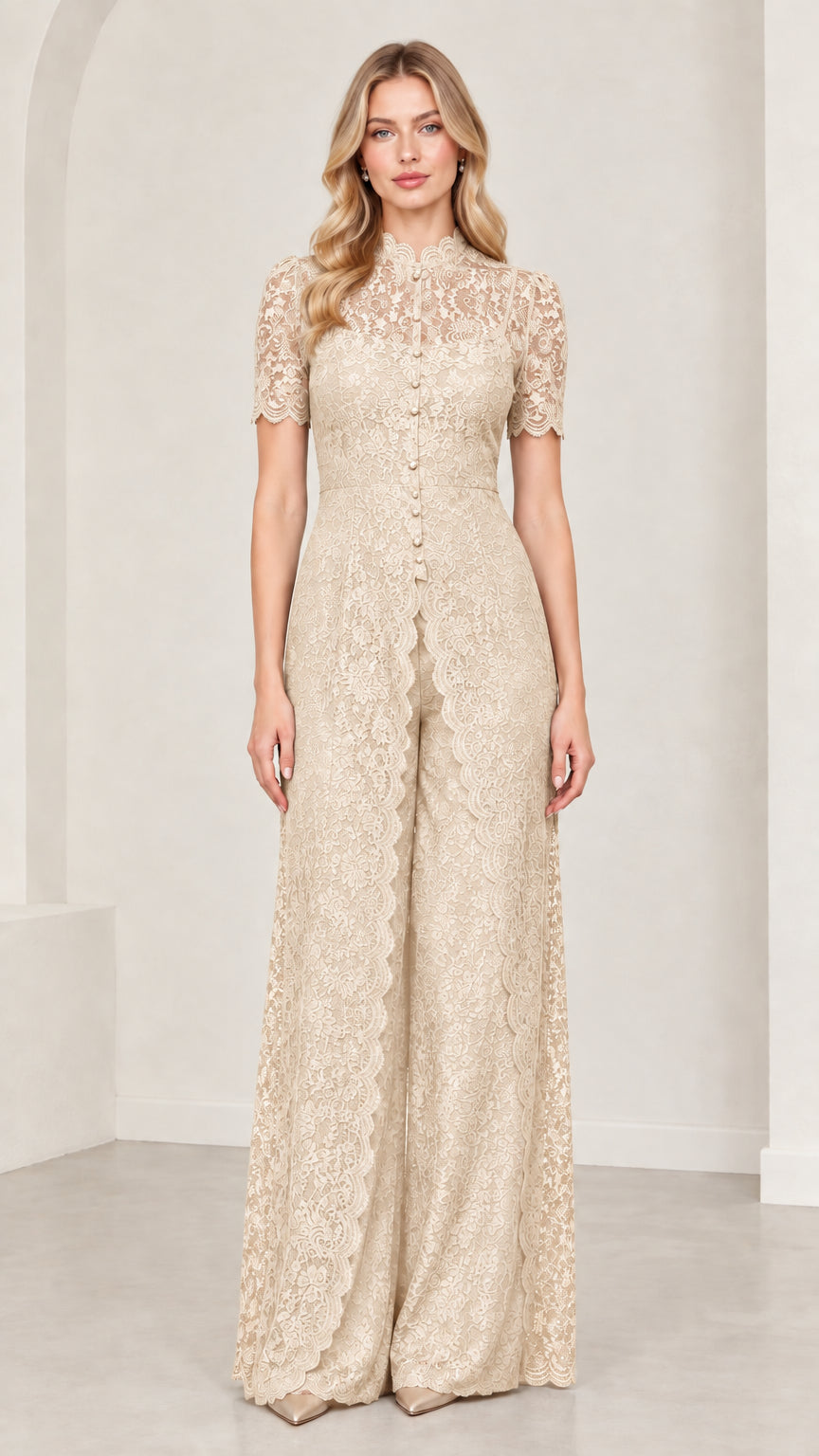 Front full-length view of champagne beige floral lace wide-leg evening jumpsuit
