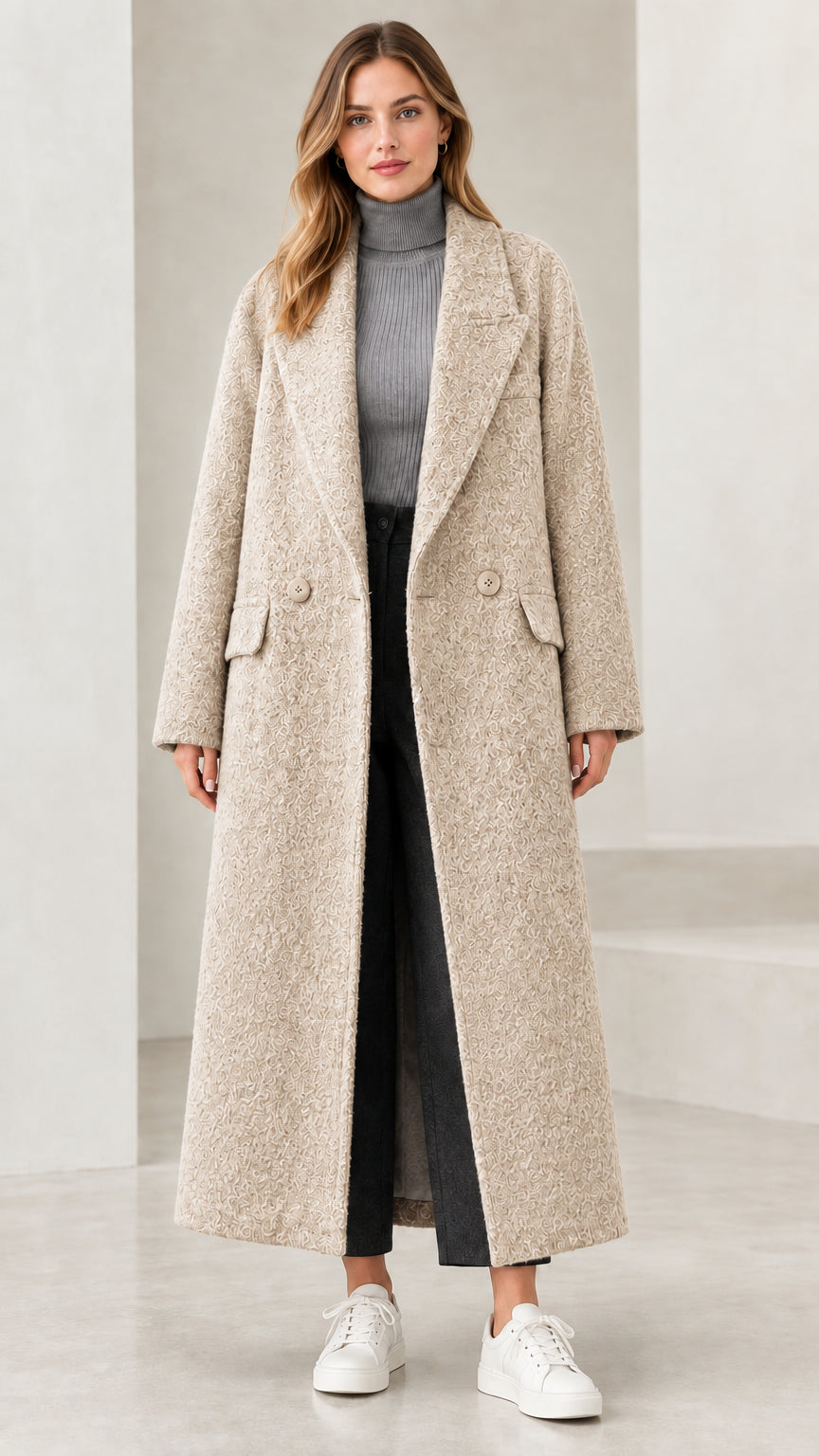 Front view of woman wearing beige oatmeal longline bouclé overcoat