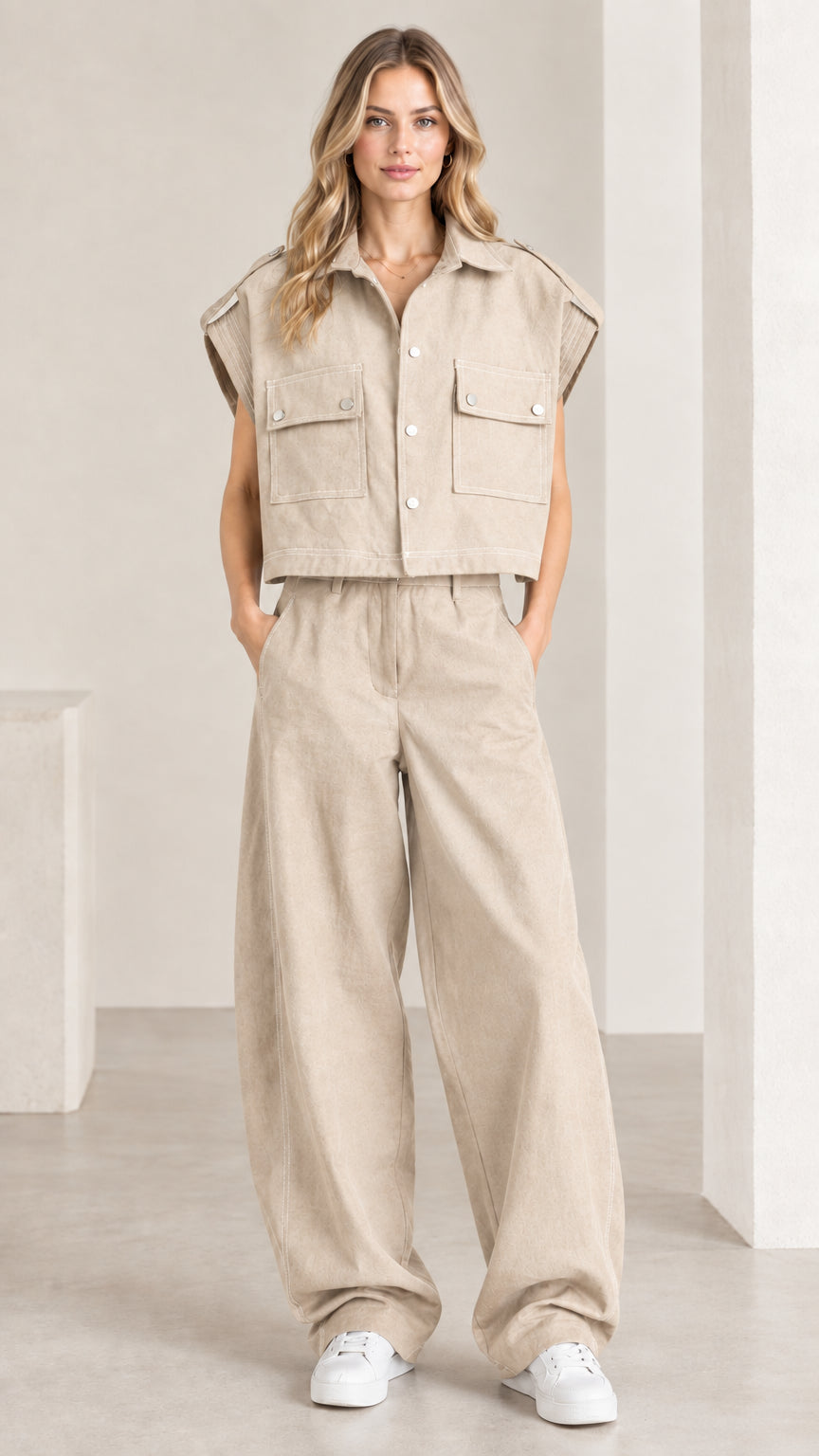Front view of woman wearing beige utility cropped shirt and wide-leg pant set