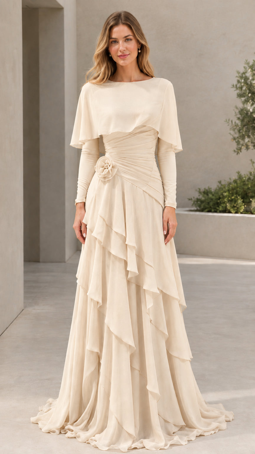 Woman wearing Champagne cream long sleeve capelet tiered ruffle formal gown