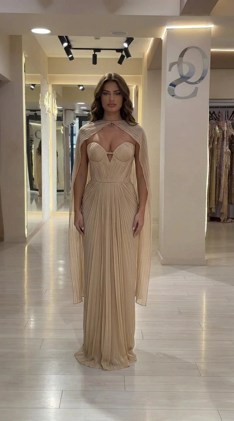 Champagne Gold Pleated Sweetheart Cape Formal Evening Gown