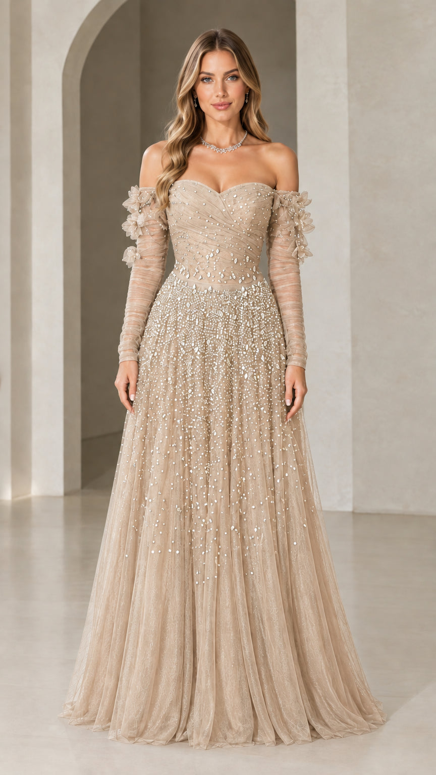 Champagne beige off-the-shoulder beaded tulle evening dress