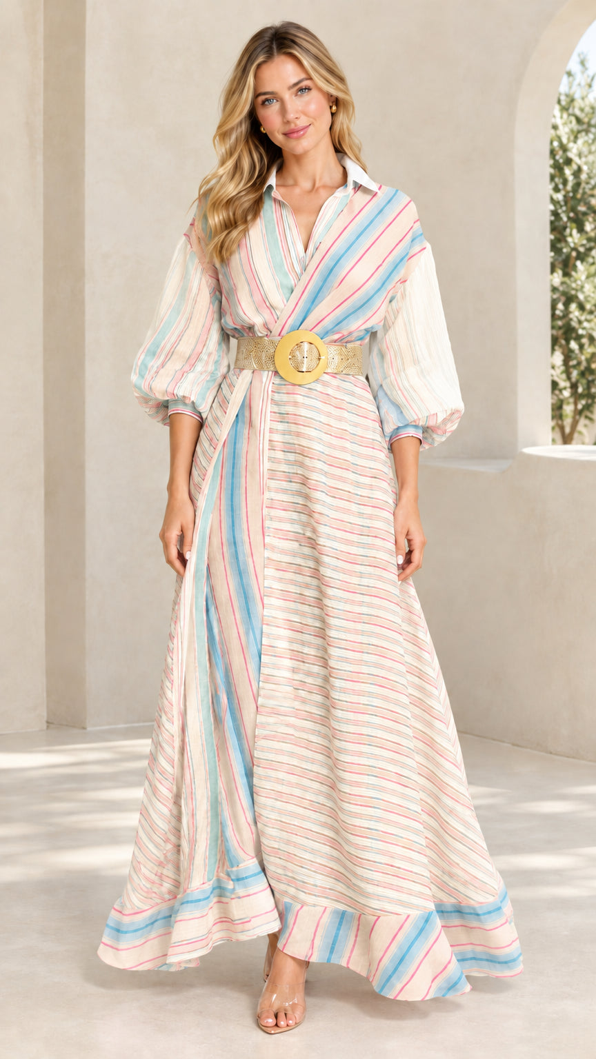 Front view of woman wearing cream multi striped collared maxi dress with belt