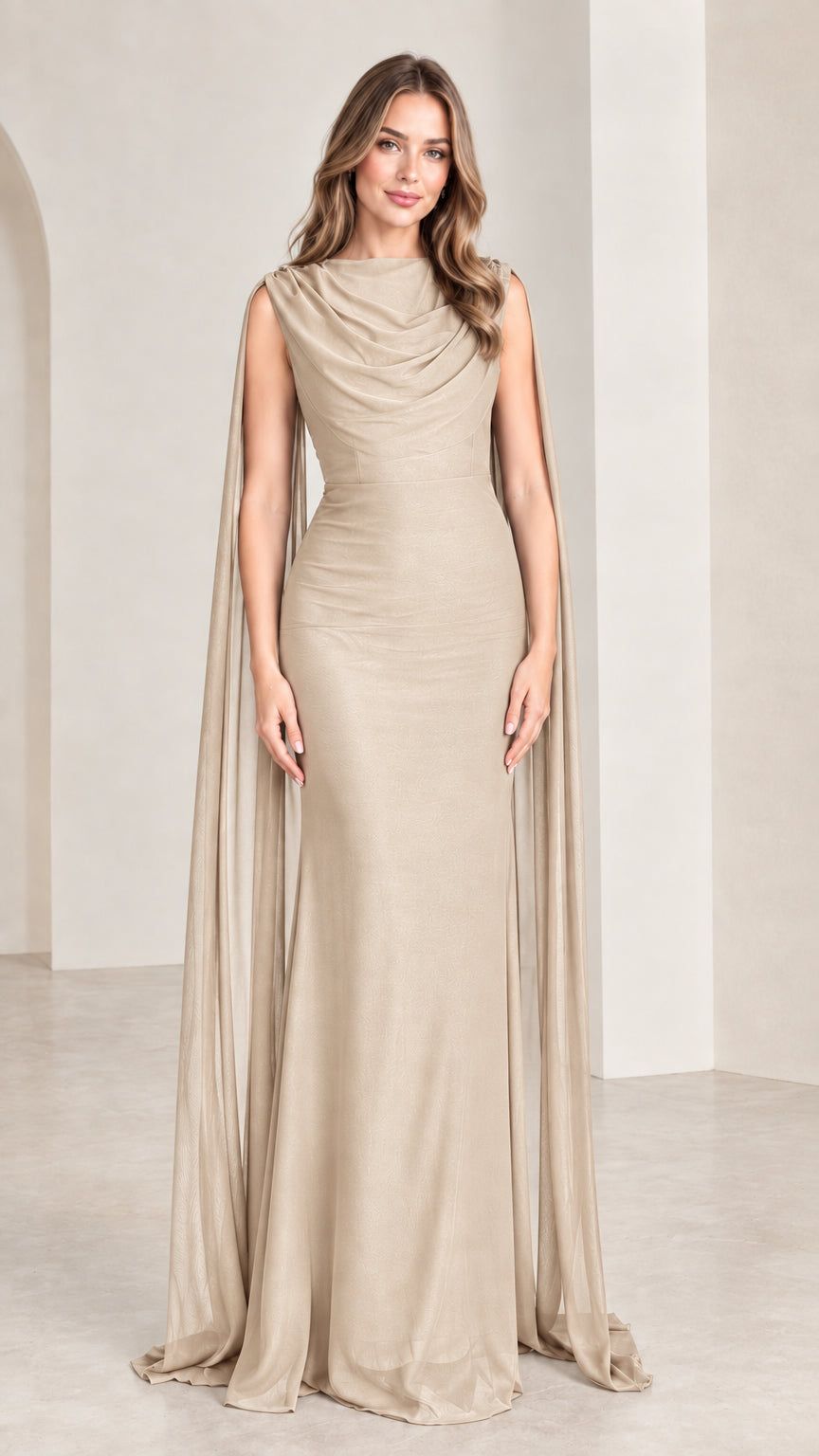 Model wearing sophisticated champagne beige formal cape evening dress
