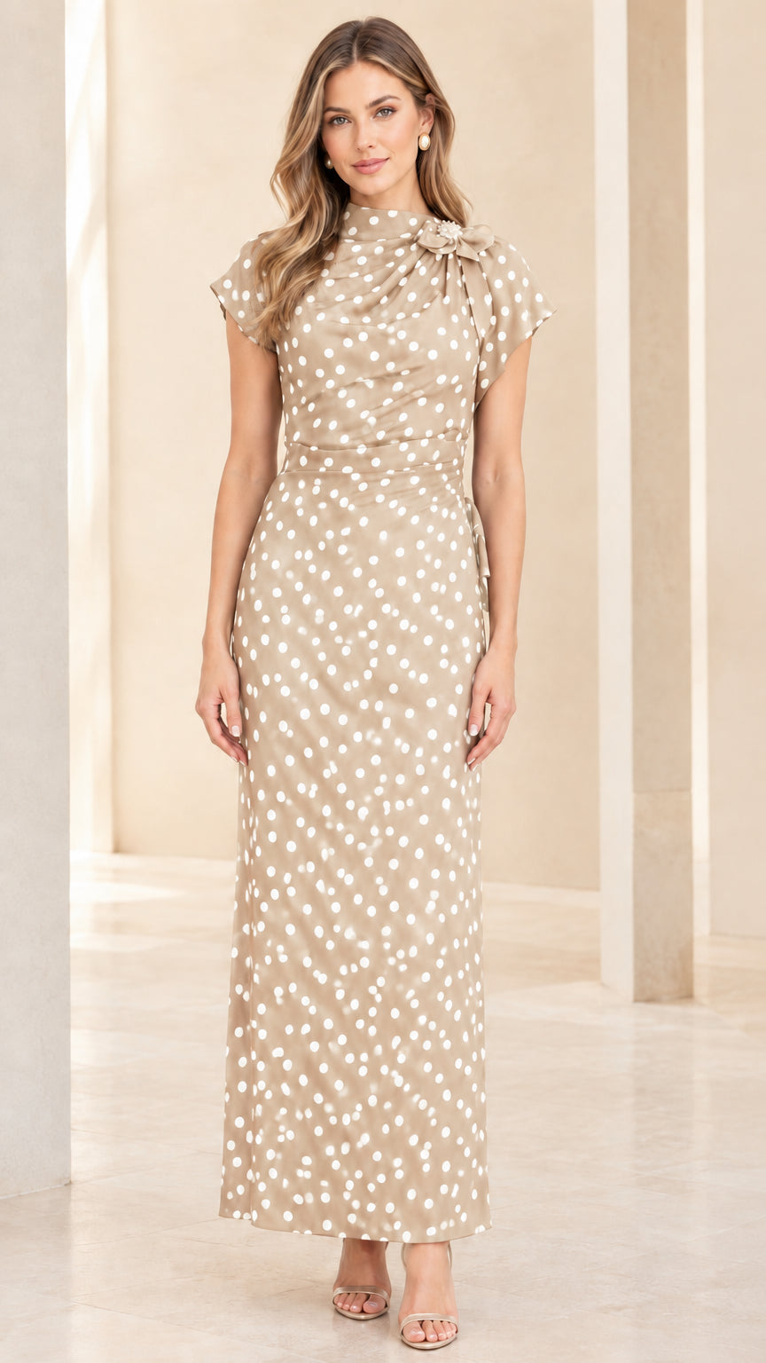 Model wearing Beige polka dot high-neck maxi dress, front view