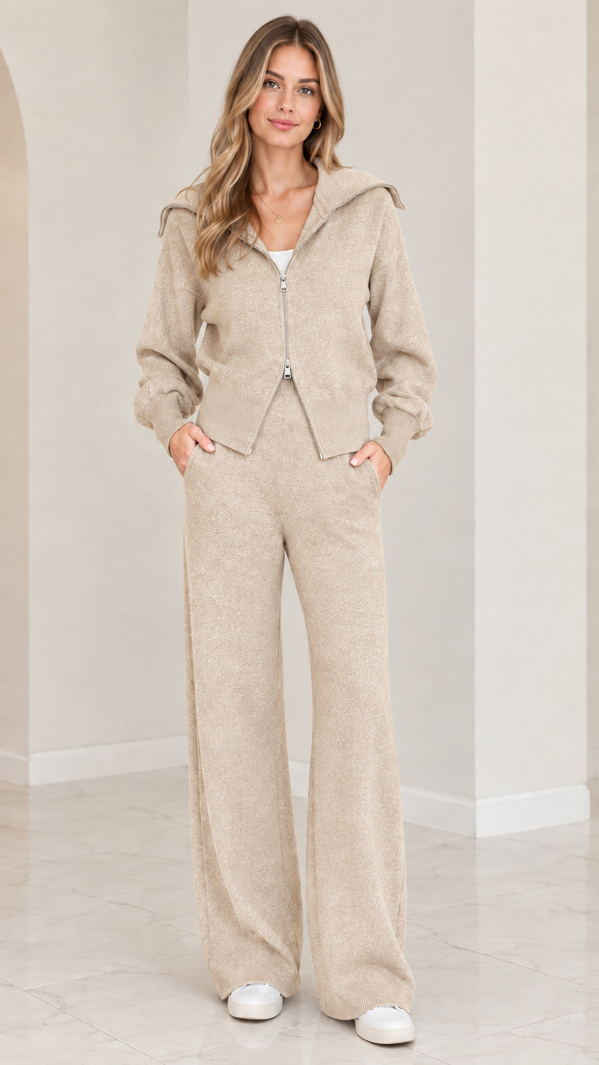 Front view of woman wearing oatmeal beige 2-piece knit loungewear set