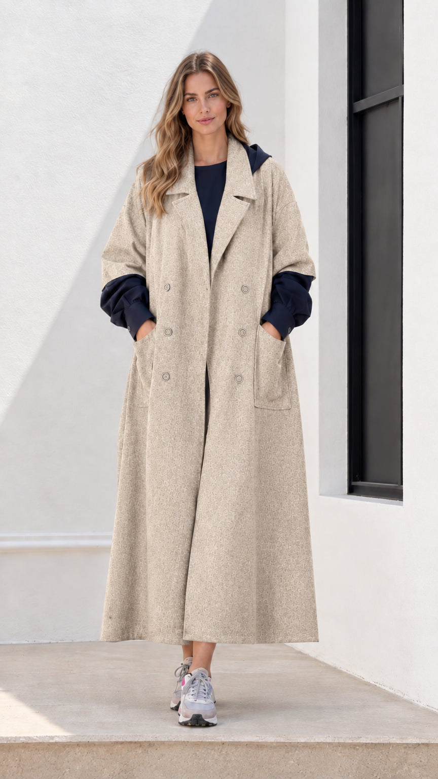 Full-length front view of woman wearing beige oatmeal hooded maxi trench coat