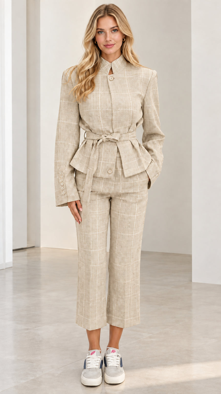 Full front view of Beige tan plaid belted peplum pant suit set