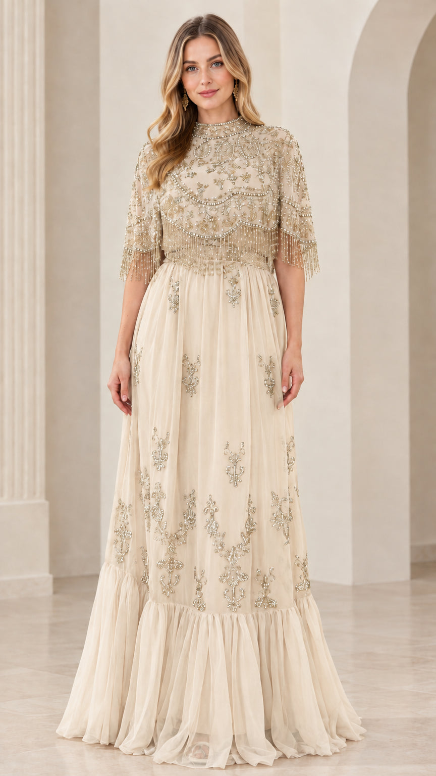 Champagne Gold Embellished Capelet Formal Gown
