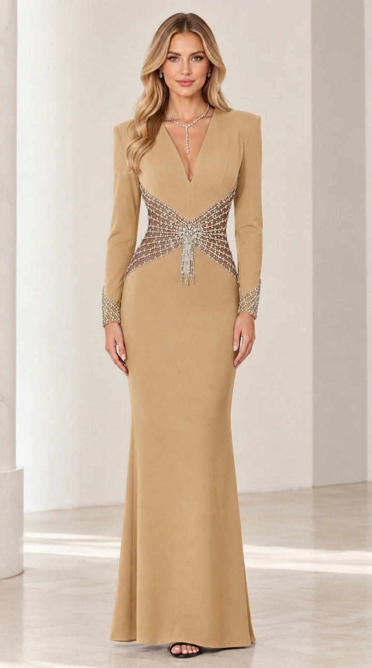 Champagne gold floor-length evening dress with crystal embellished waistline
