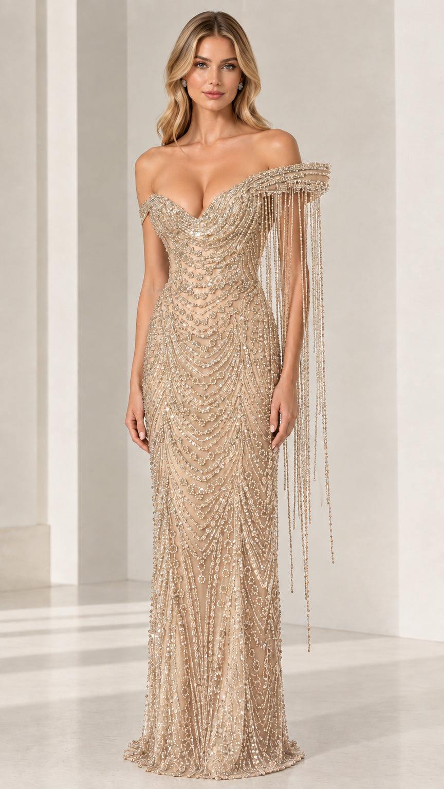 Champagne gold sequin and beaded floor-length formal evening dress