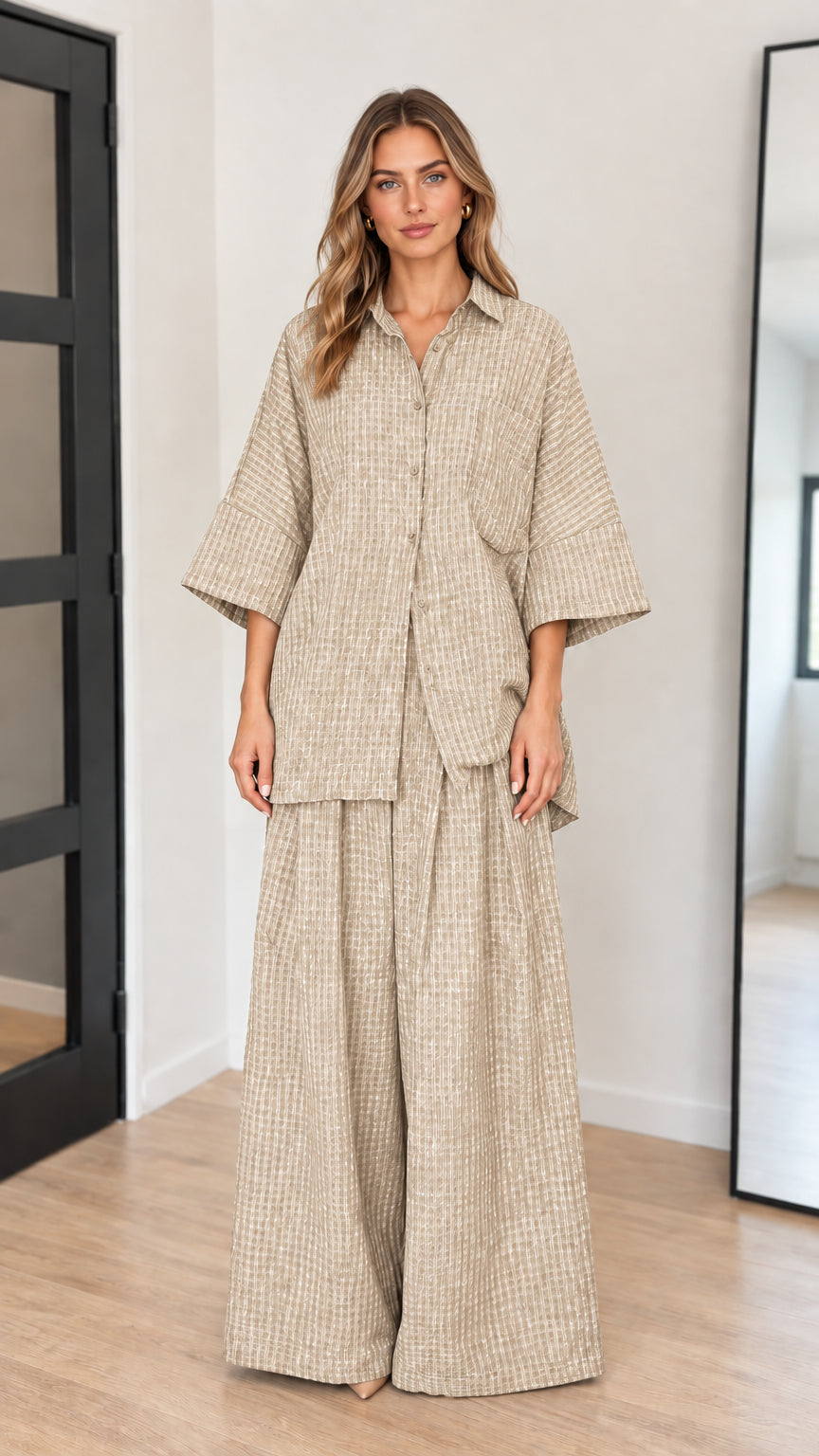 Front view of model wearing beige oatmeal textured wide leg matching set