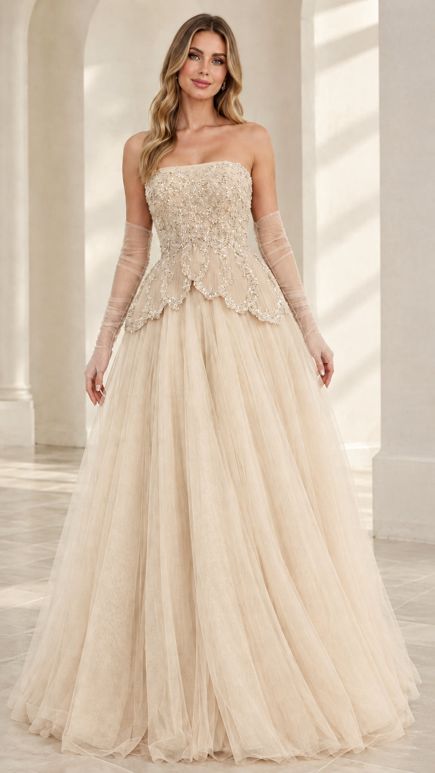 Front view of model wearing Champagne beige strapless beaded tulle evening gown
