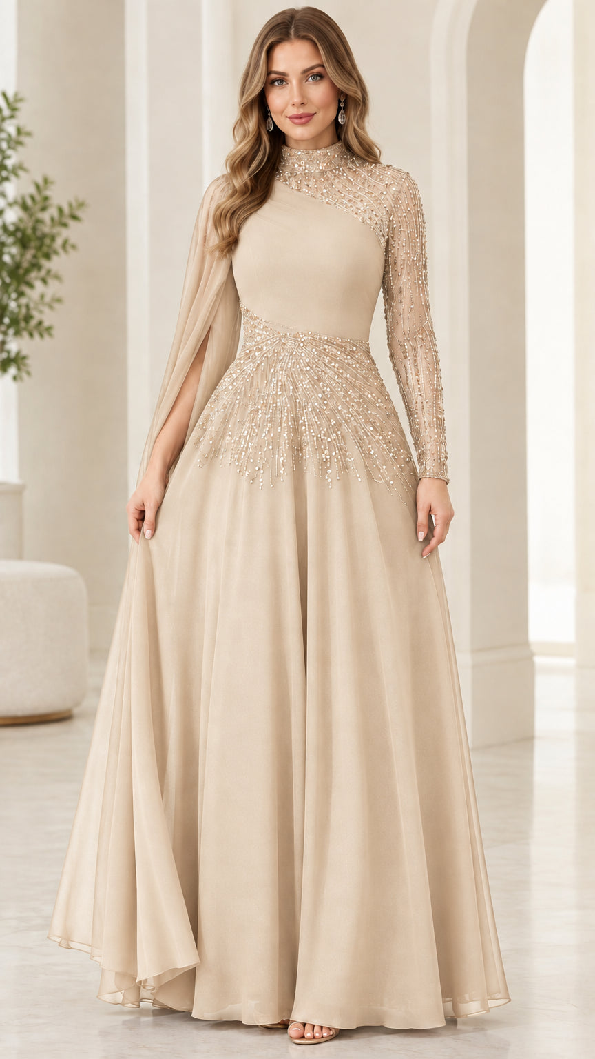 Front view of champagne beige high neck sequin cape sleeve formal gown