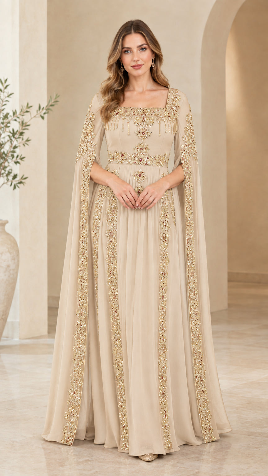 Front view of champagne beige embroidered cape sleeve formal evening dress