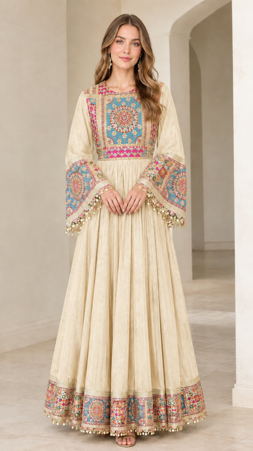 Cream floor length bell sleeve boho festive dress