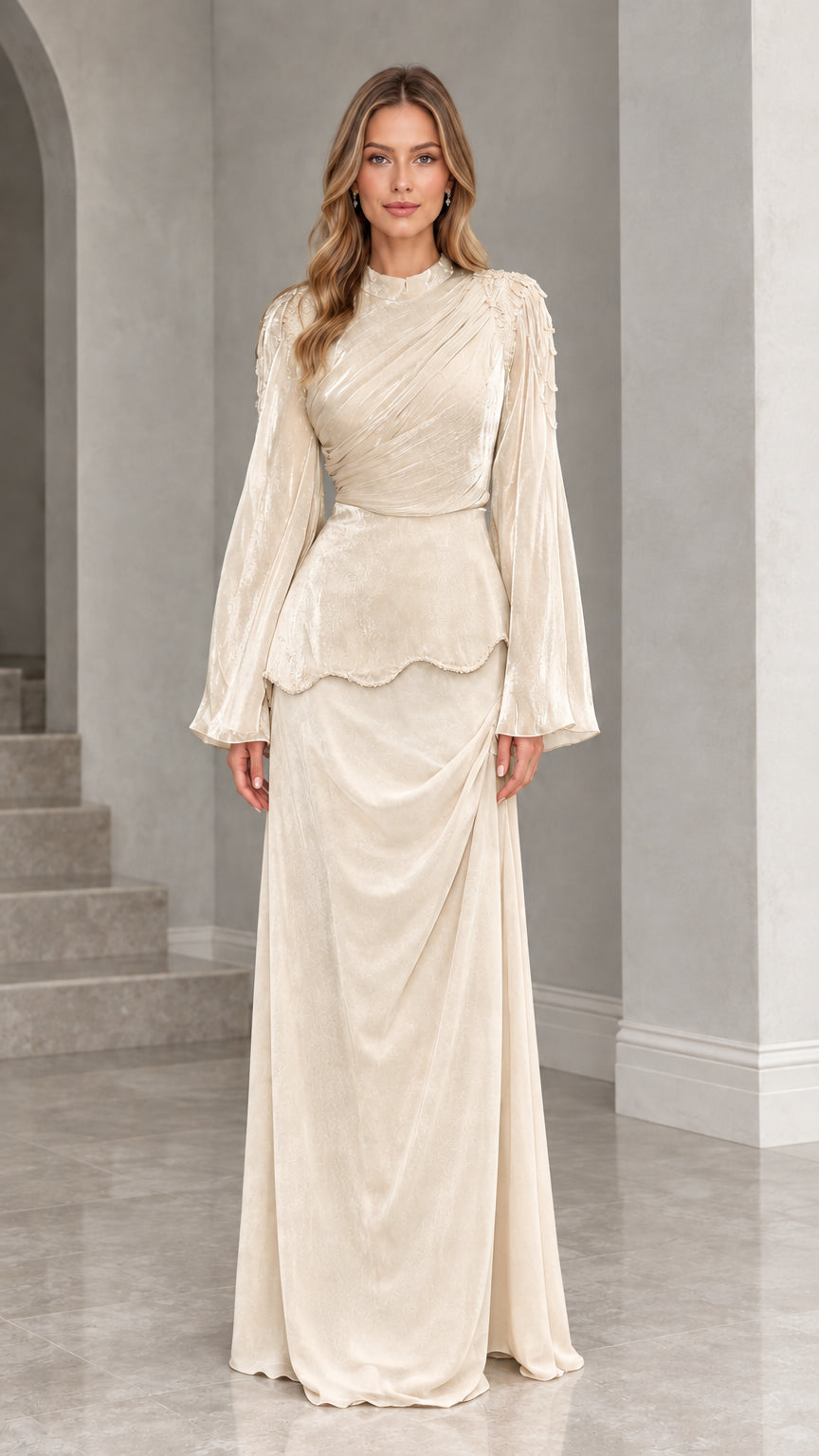 Champagne cream high neck long sleeve formal maxi dress