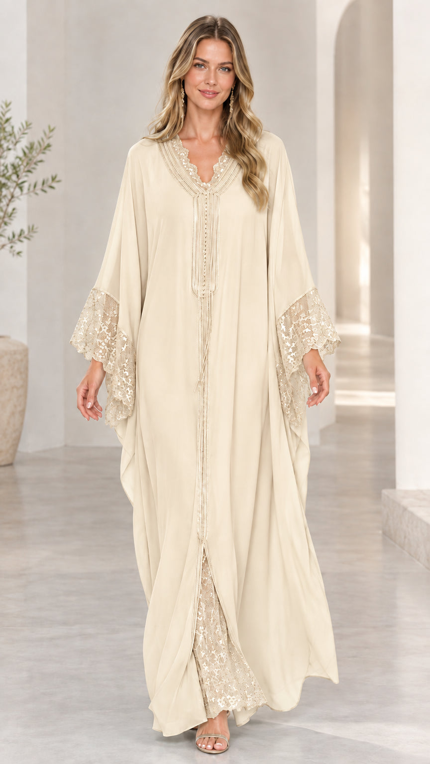 Model wearing cream champagne lace-trim maxi caftan dress
