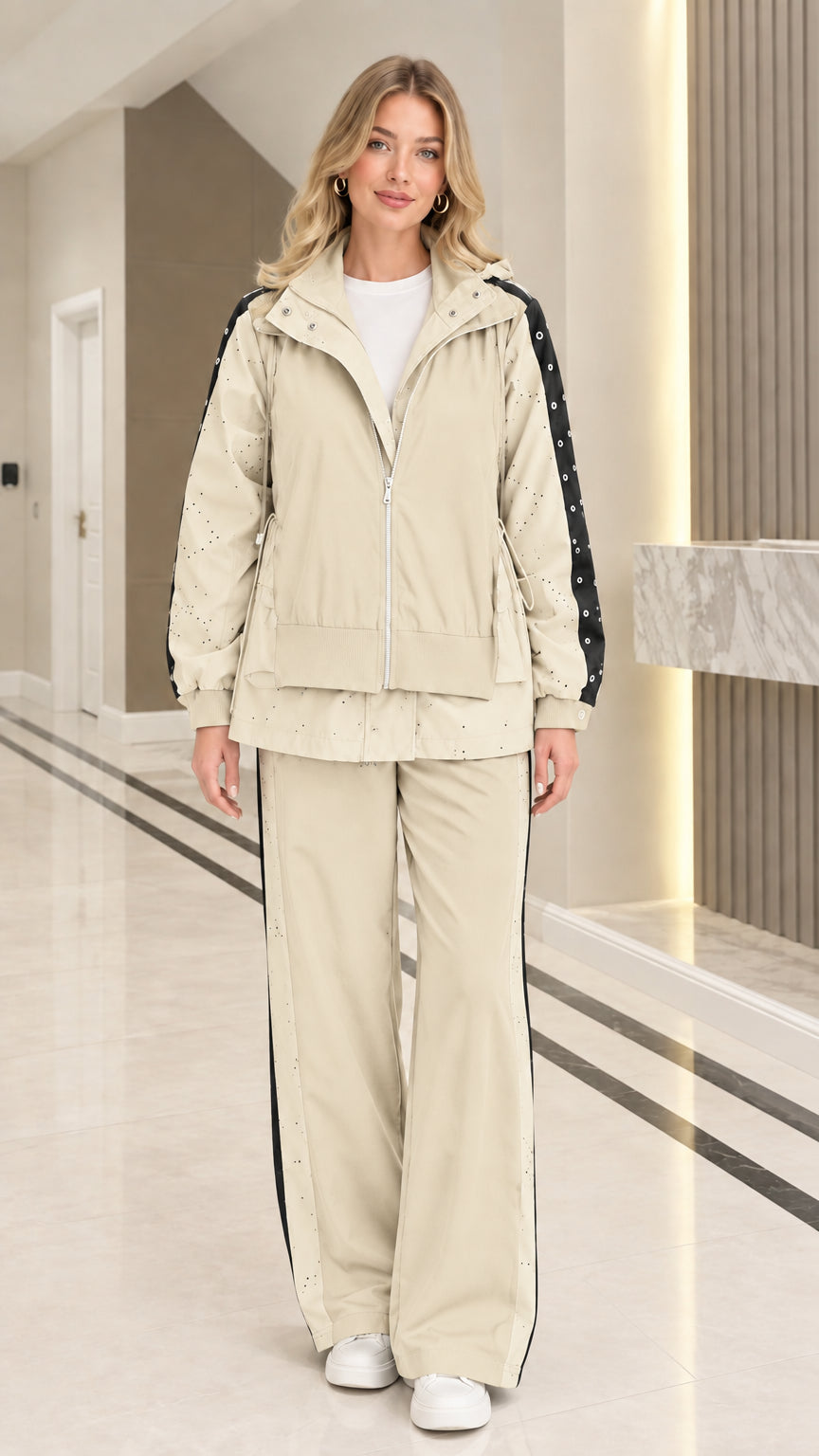 Full front view of woman wearing Beige colorblock 2-piece hooded tracksuit set