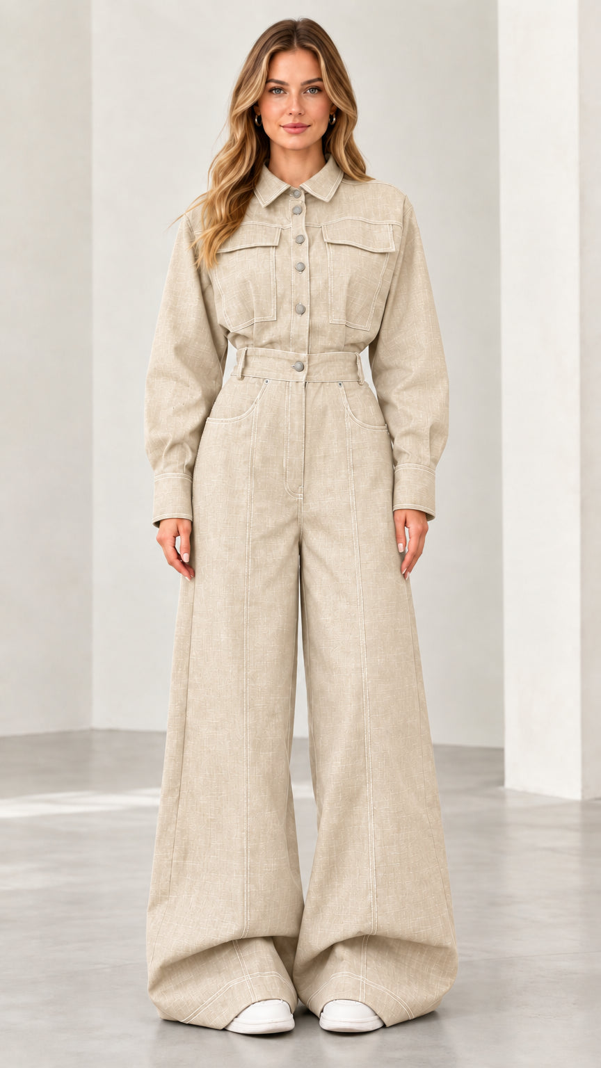 Front view of model wearing beige sand wide leg denim jumpsuit with contrast stitching