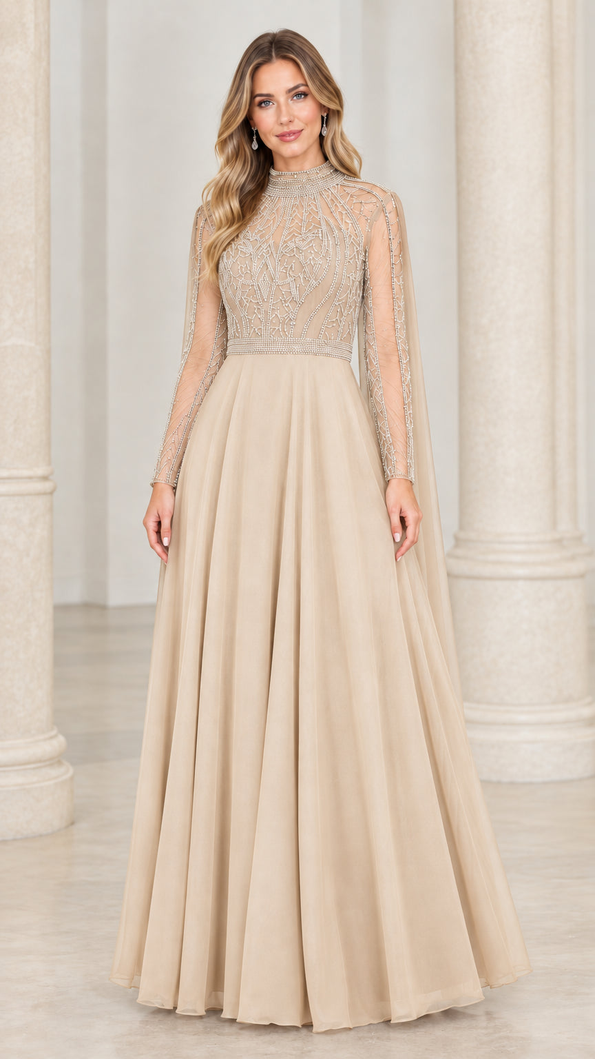 Front full-length view of champagne beige beaded illusion evening gown
