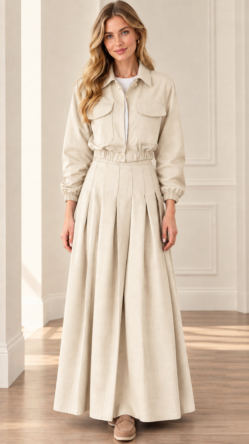 Women's beige cream utility shirt and pleated maxi skirt two-piece set